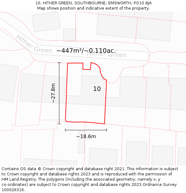 10, HITHER GREEN, SOUTHBOURNE, EMSWORTH, PO10 8JA: Plot and title map