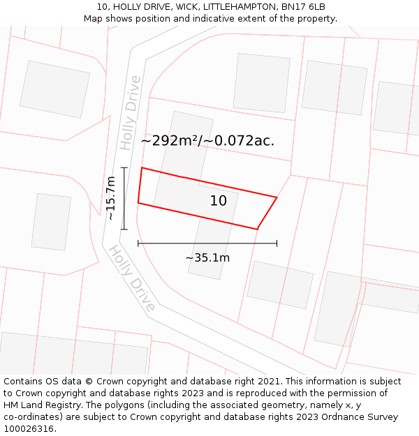 10, HOLLY DRIVE, WICK, LITTLEHAMPTON, BN17 6LB: Plot and title map