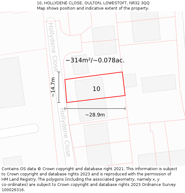 10, HOLLYDENE CLOSE, OULTON, LOWESTOFT, NR32 3QQ: Plot and title map