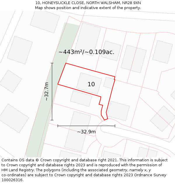 10, HONEYSUCKLE CLOSE, NORTH WALSHAM, NR28 9XN: Plot and title map