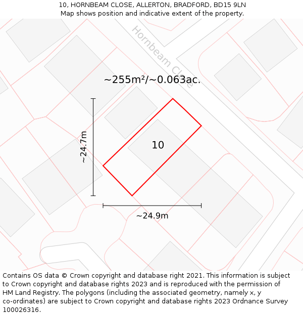 10, HORNBEAM CLOSE, ALLERTON, BRADFORD, BD15 9LN: Plot and title map