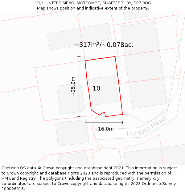 10, HUNTERS MEAD, MOTCOMBE, SHAFTESBURY, SP7 9QG: Plot and title map