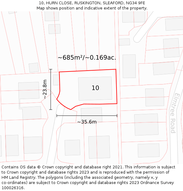 10, HURN CLOSE, RUSKINGTON, SLEAFORD, NG34 9FE: Plot and title map