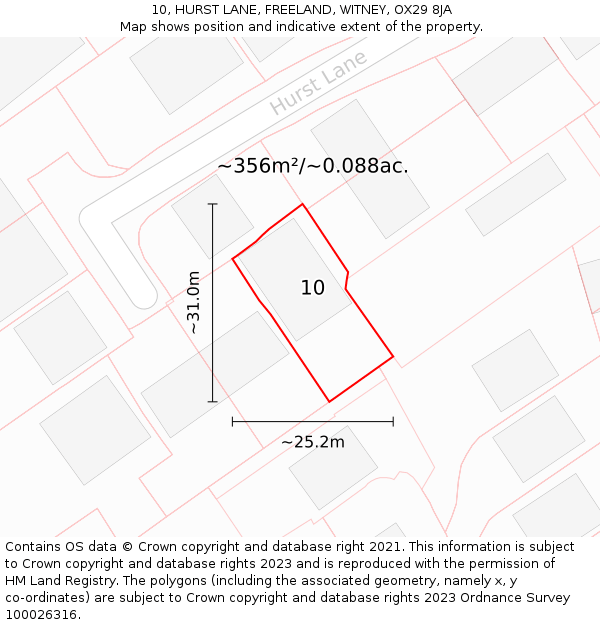 10, HURST LANE, FREELAND, WITNEY, OX29 8JA: Plot and title map