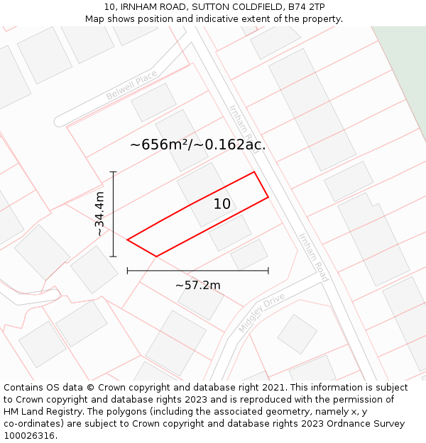 10, IRNHAM ROAD, SUTTON COLDFIELD, B74 2TP: Plot and title map