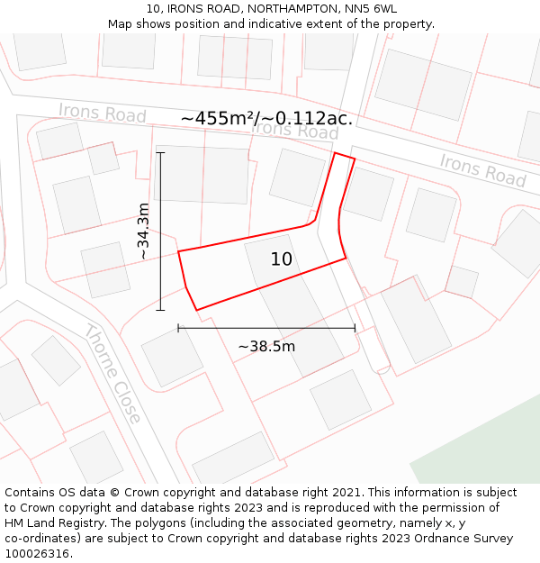 10, IRONS ROAD, NORTHAMPTON, NN5 6WL: Plot and title map