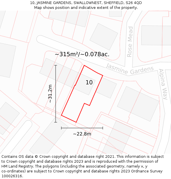 10, JASMINE GARDENS, SWALLOWNEST, SHEFFIELD, S26 4QD: Plot and title map