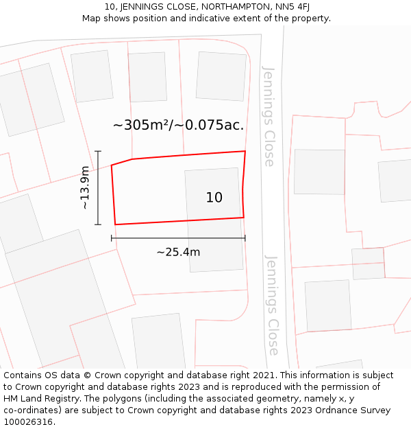 10, JENNINGS CLOSE, NORTHAMPTON, NN5 4FJ: Plot and title map