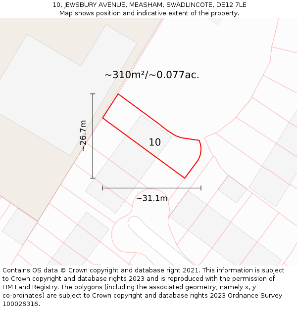 10, JEWSBURY AVENUE, MEASHAM, SWADLINCOTE, DE12 7LE: Plot and title map