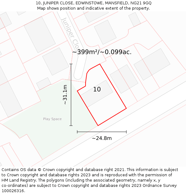 10, JUNIPER CLOSE, EDWINSTOWE, MANSFIELD, NG21 9GQ: Plot and title map