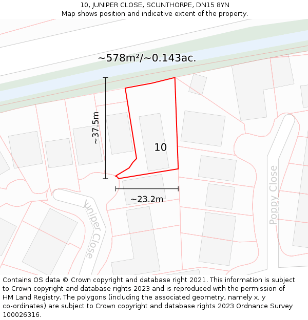 10, JUNIPER CLOSE, SCUNTHORPE, DN15 8YN: Plot and title map