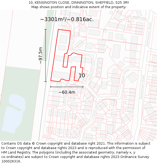 10, KENSINGTON CLOSE, DINNINGTON, SHEFFIELD, S25 3RY: Plot and title map