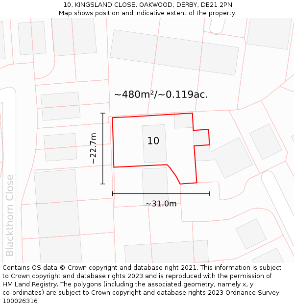 10, KINGSLAND CLOSE, OAKWOOD, DERBY, DE21 2PN: Plot and title map