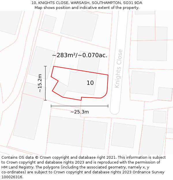 10, KNIGHTS CLOSE, WARSASH, SOUTHAMPTON, SO31 9DA: Plot and title map