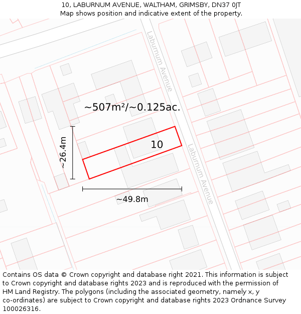 10, LABURNUM AVENUE, WALTHAM, GRIMSBY, DN37 0JT: Plot and title map