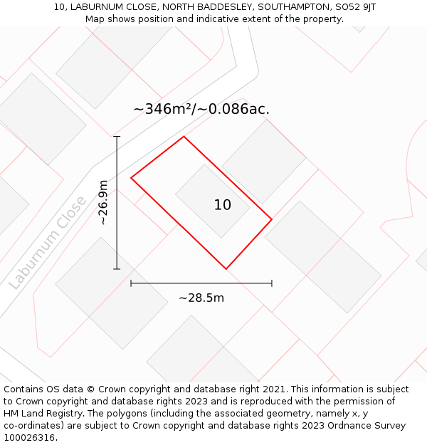 10, LABURNUM CLOSE, NORTH BADDESLEY, SOUTHAMPTON, SO52 9JT: Plot and title map