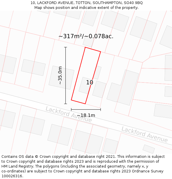 10, LACKFORD AVENUE, TOTTON, SOUTHAMPTON, SO40 9BQ: Plot and title map