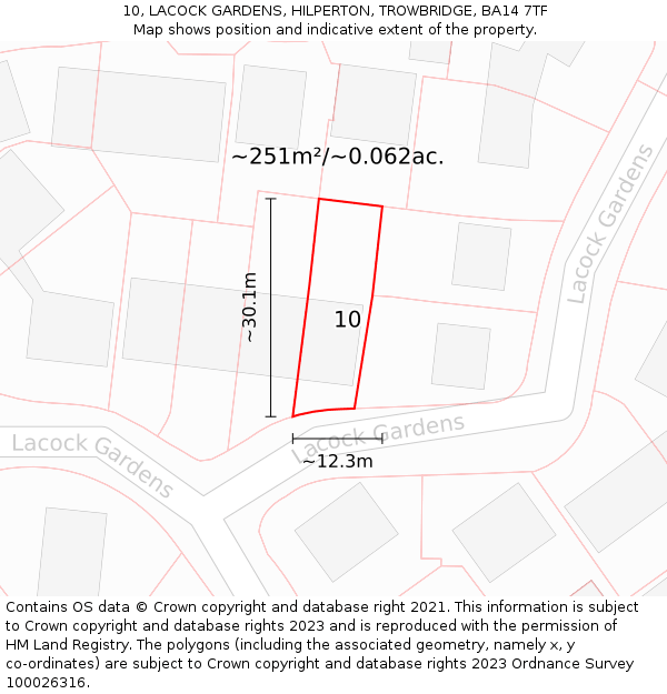 10, LACOCK GARDENS, HILPERTON, TROWBRIDGE, BA14 7TF: Plot and title map