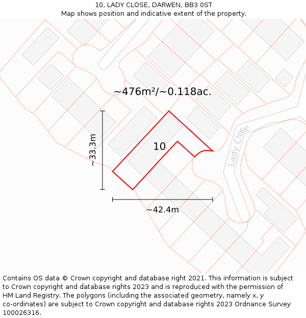 10, LADY CLOSE, DARWEN, BB3 0ST: Plot and title map