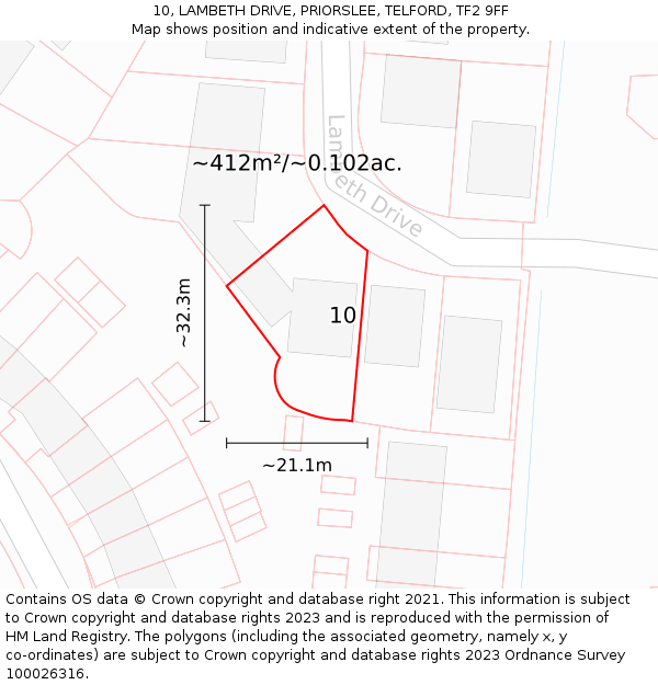 10, LAMBETH DRIVE, PRIORSLEE, TELFORD, TF2 9FF: Plot and title map