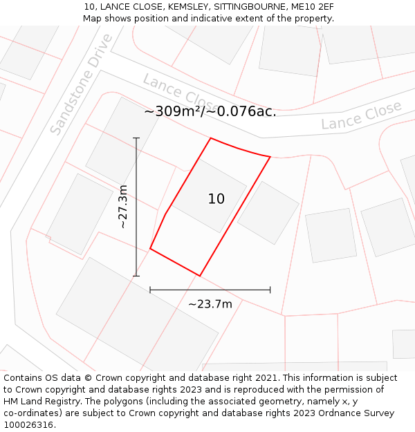 10, LANCE CLOSE, KEMSLEY, SITTINGBOURNE, ME10 2EF: Plot and title map