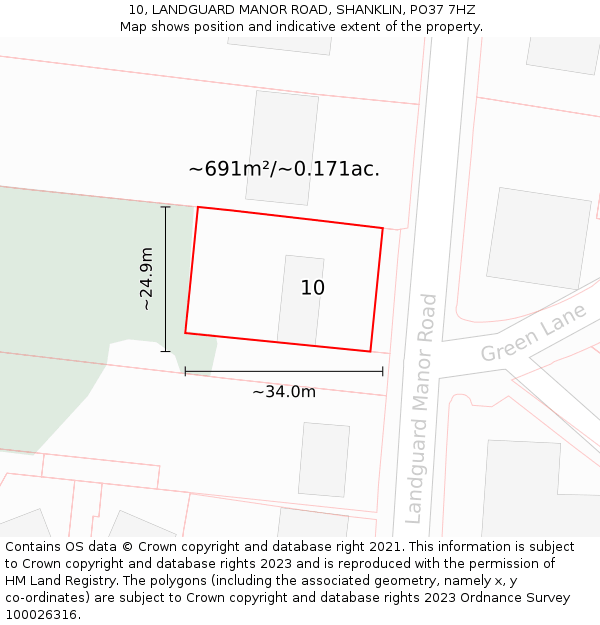 10, LANDGUARD MANOR ROAD, SHANKLIN, PO37 7HZ: Plot and title map