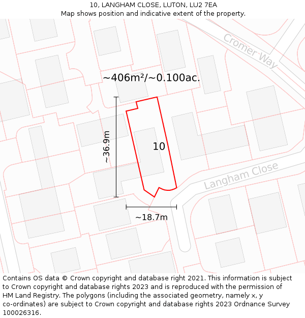 10, LANGHAM CLOSE, LUTON, LU2 7EA: Plot and title map