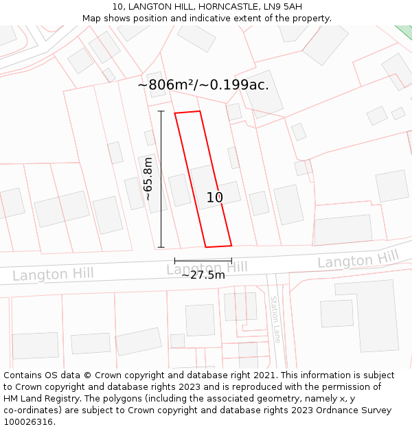 10, LANGTON HILL, HORNCASTLE, LN9 5AH: Plot and title map