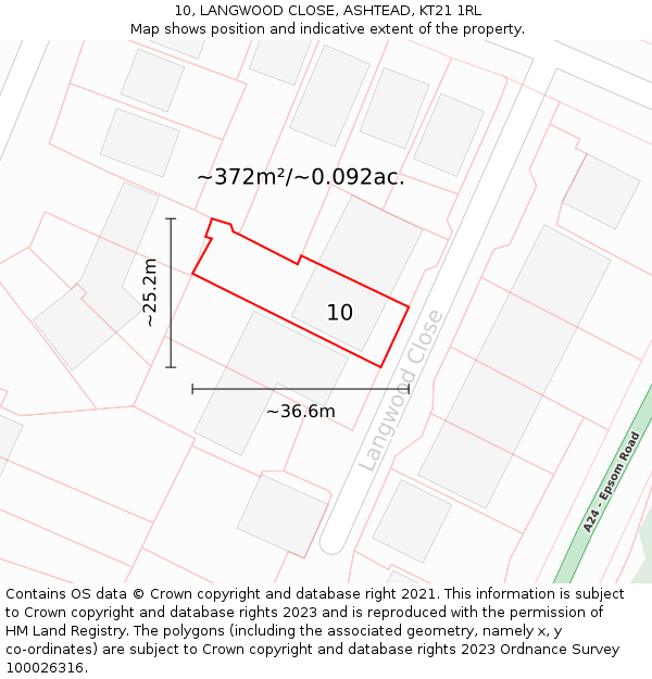 10, LANGWOOD CLOSE, ASHTEAD, KT21 1RL: Plot and title map