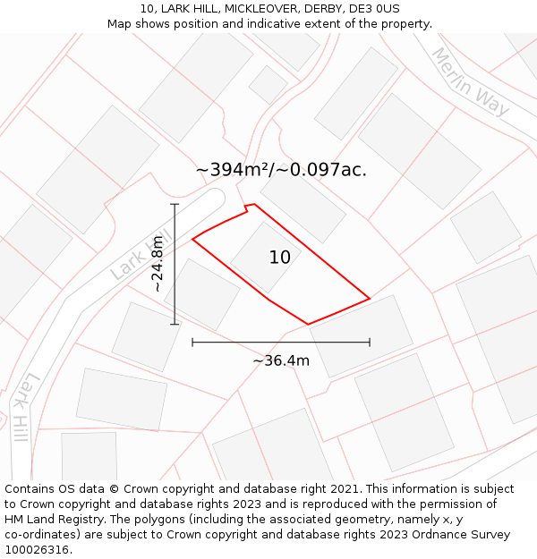 10, LARK HILL, MICKLEOVER, DERBY, DE3 0US: Plot and title map