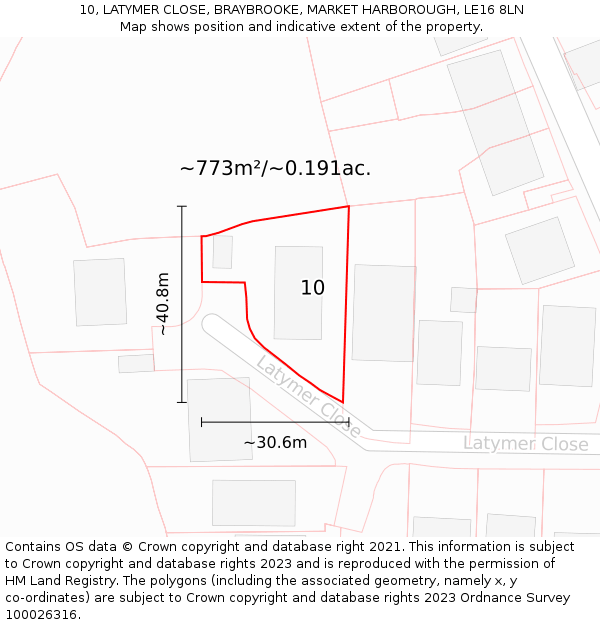 10, LATYMER CLOSE, BRAYBROOKE, MARKET HARBOROUGH, LE16 8LN: Plot and title map