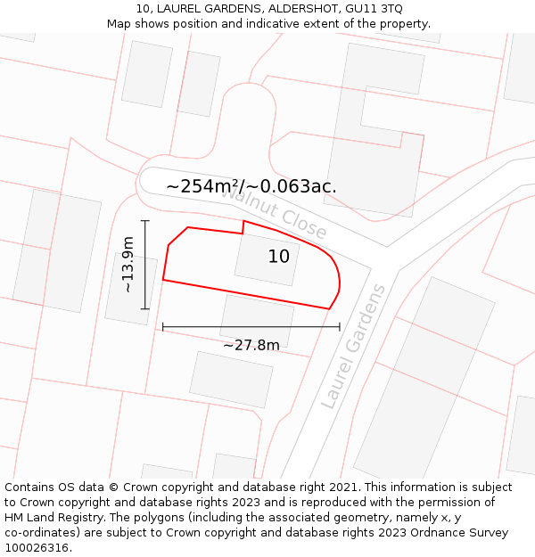 10, LAUREL GARDENS, ALDERSHOT, GU11 3TQ: Plot and title map