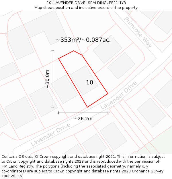 10, LAVENDER DRIVE, SPALDING, PE11 1YR: Plot and title map