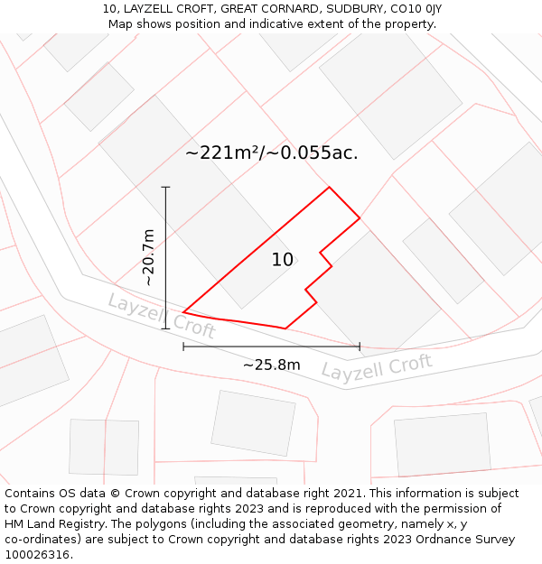 10, LAYZELL CROFT, GREAT CORNARD, SUDBURY, CO10 0JY: Plot and title map