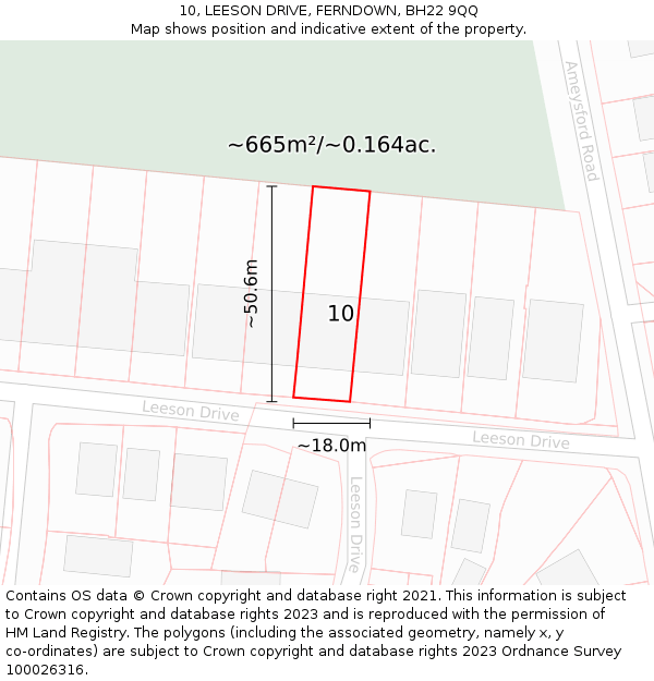 10, LEESON DRIVE, FERNDOWN, BH22 9QQ: Plot and title map