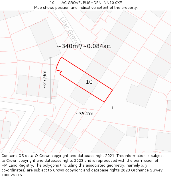 10, LILAC GROVE, RUSHDEN, NN10 0XE: Plot and title map