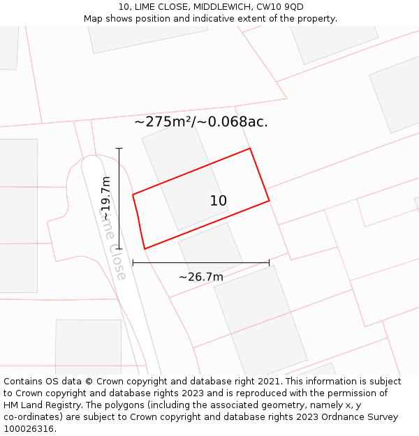 10, LIME CLOSE, MIDDLEWICH, CW10 9QD: Plot and title map