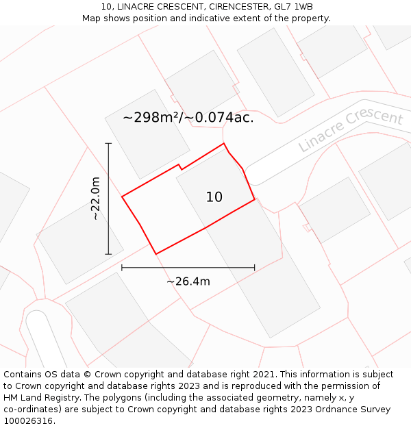 10, LINACRE CRESCENT, CIRENCESTER, GL7 1WB: Plot and title map