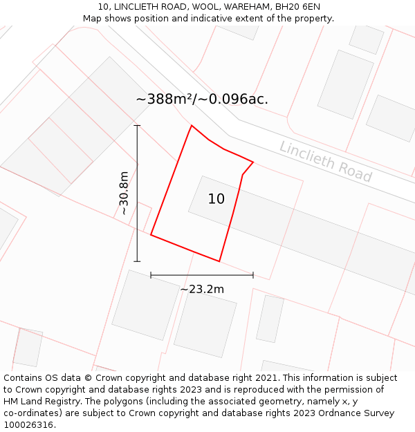 10, LINCLIETH ROAD, WOOL, WAREHAM, BH20 6EN: Plot and title map