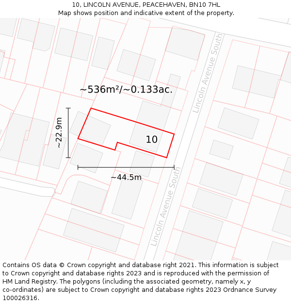 10, LINCOLN AVENUE, PEACEHAVEN, BN10 7HL: Plot and title map