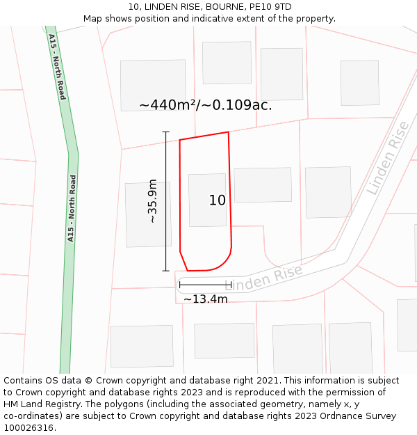 10, LINDEN RISE, BOURNE, PE10 9TD: Plot and title map