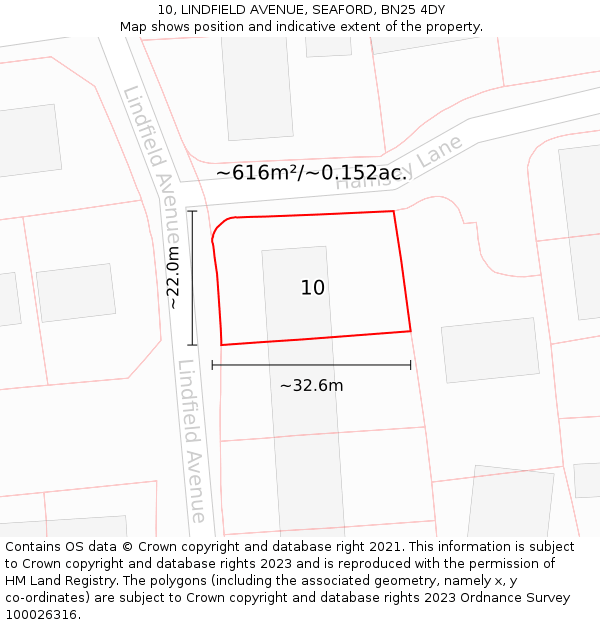 10, LINDFIELD AVENUE, SEAFORD, BN25 4DY: Plot and title map