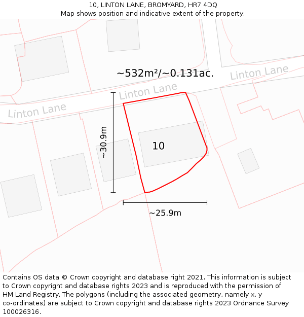 10, LINTON LANE, BROMYARD, HR7 4DQ: Plot and title map