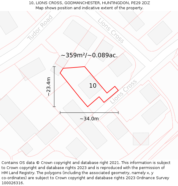 10, LIONS CROSS, GODMANCHESTER, HUNTINGDON, PE29 2DZ: Plot and title map