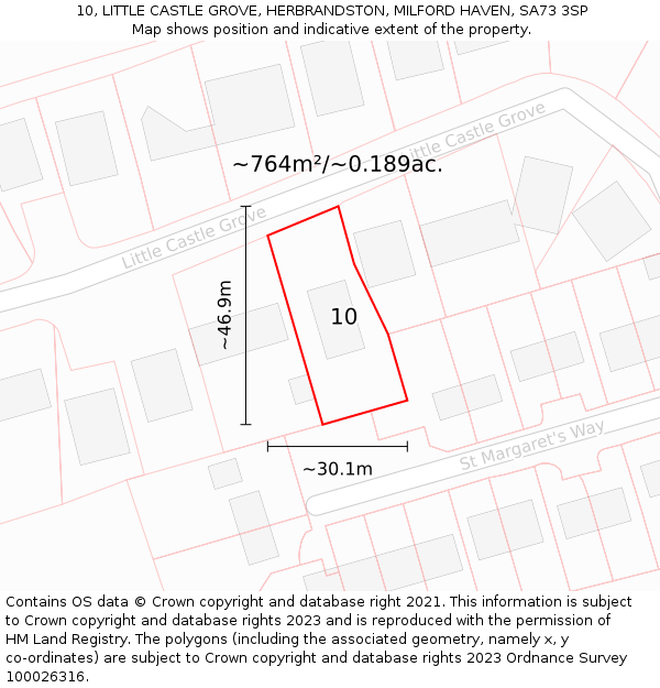 10, LITTLE CASTLE GROVE, HERBRANDSTON, MILFORD HAVEN, SA73 3SP: Plot and title map