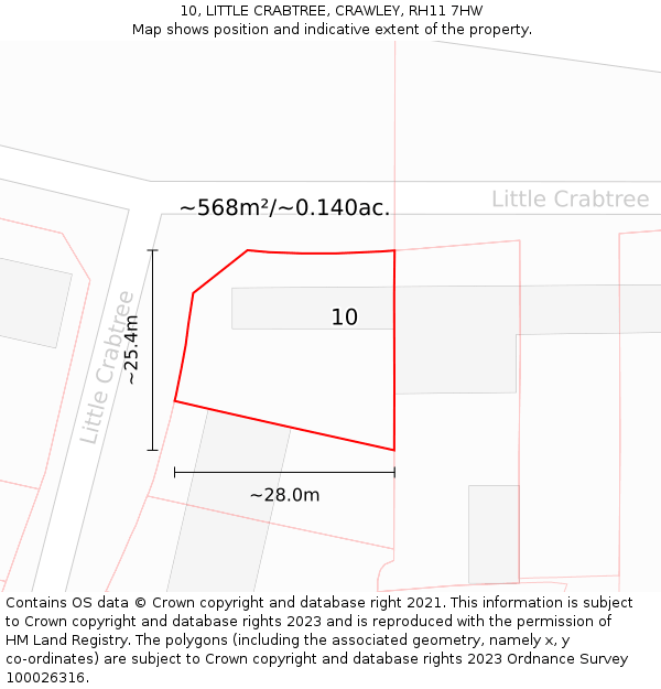 10, LITTLE CRABTREE, CRAWLEY, RH11 7HW: Plot and title map