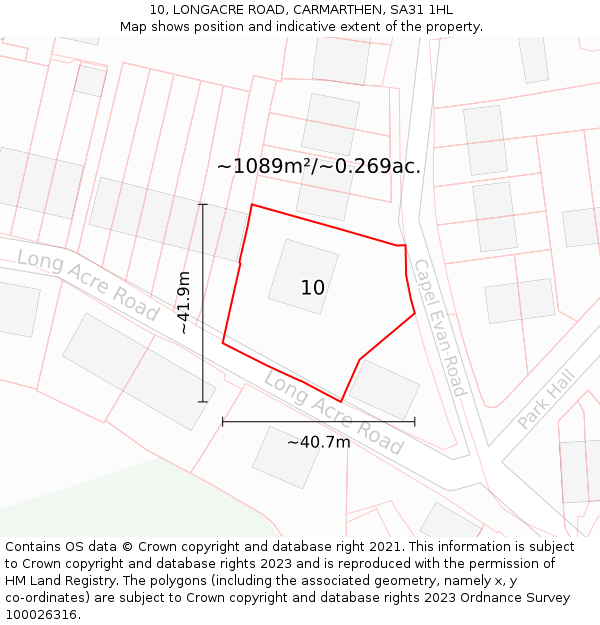 10, LONGACRE ROAD, CARMARTHEN, SA31 1HL: Plot and title map