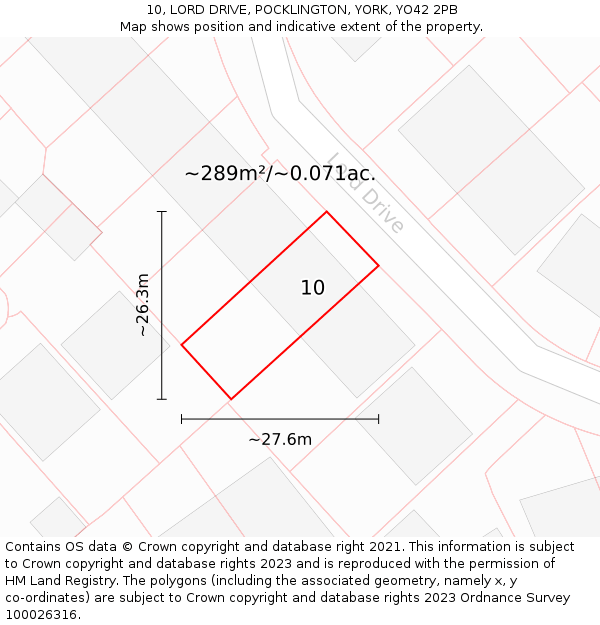 10, LORD DRIVE, POCKLINGTON, YORK, YO42 2PB: Plot and title map