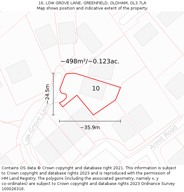 10, LOW GROVE LANE, GREENFIELD, OLDHAM, OL3 7LA: Plot and title map