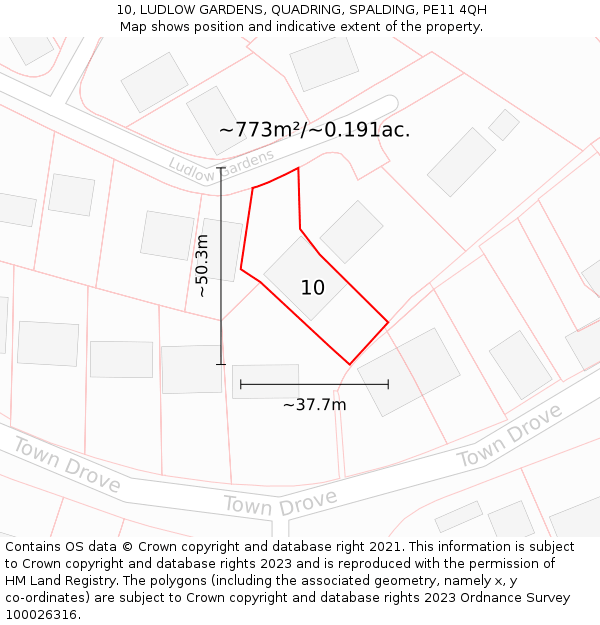 10, LUDLOW GARDENS, QUADRING, SPALDING, PE11 4QH: Plot and title map